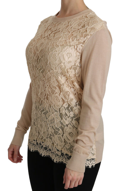 Dolce & Gabbana Elegant Beige Lace Crew Neck Cashmere Blouse