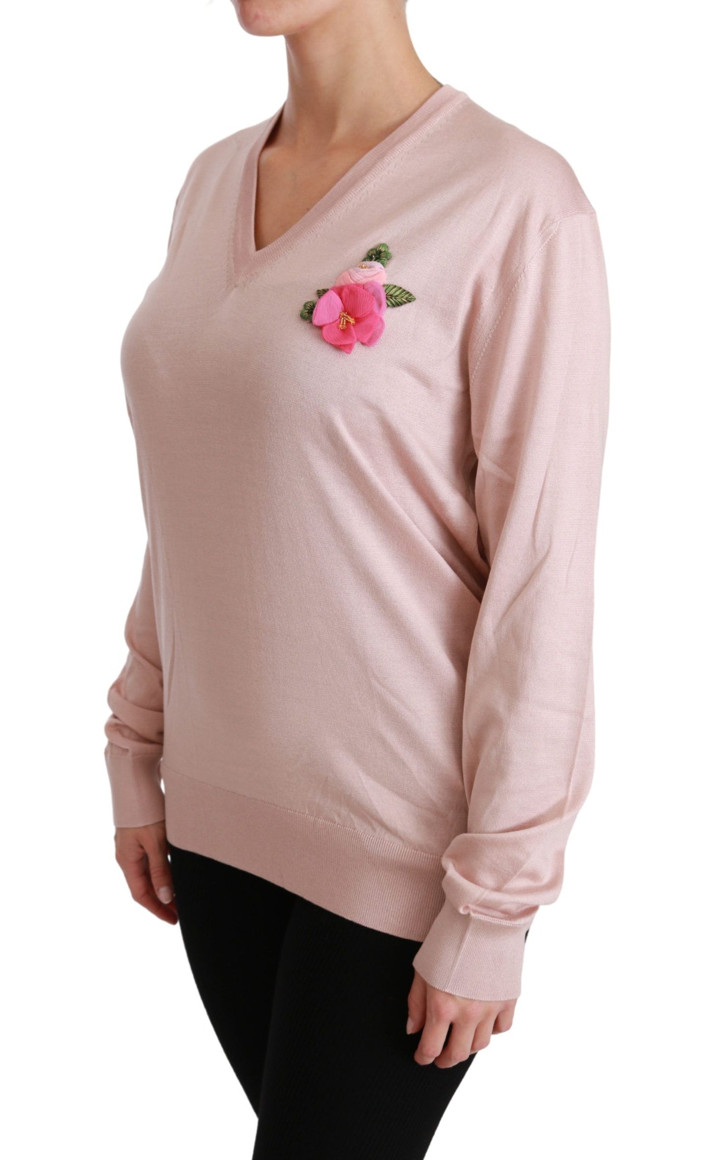 Dolce & Gabbana Pink Floral Silk V-Neck Sweater