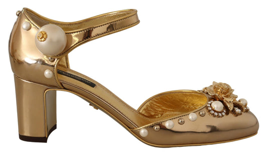 Dolce & Gabbana Elegant Gold Leather Block Heels with Crystals