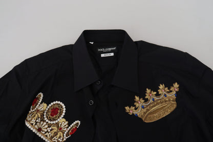 Dolce & Gabbana Elegant Black Slim Fit Dress Shirt with Crown Embroidery