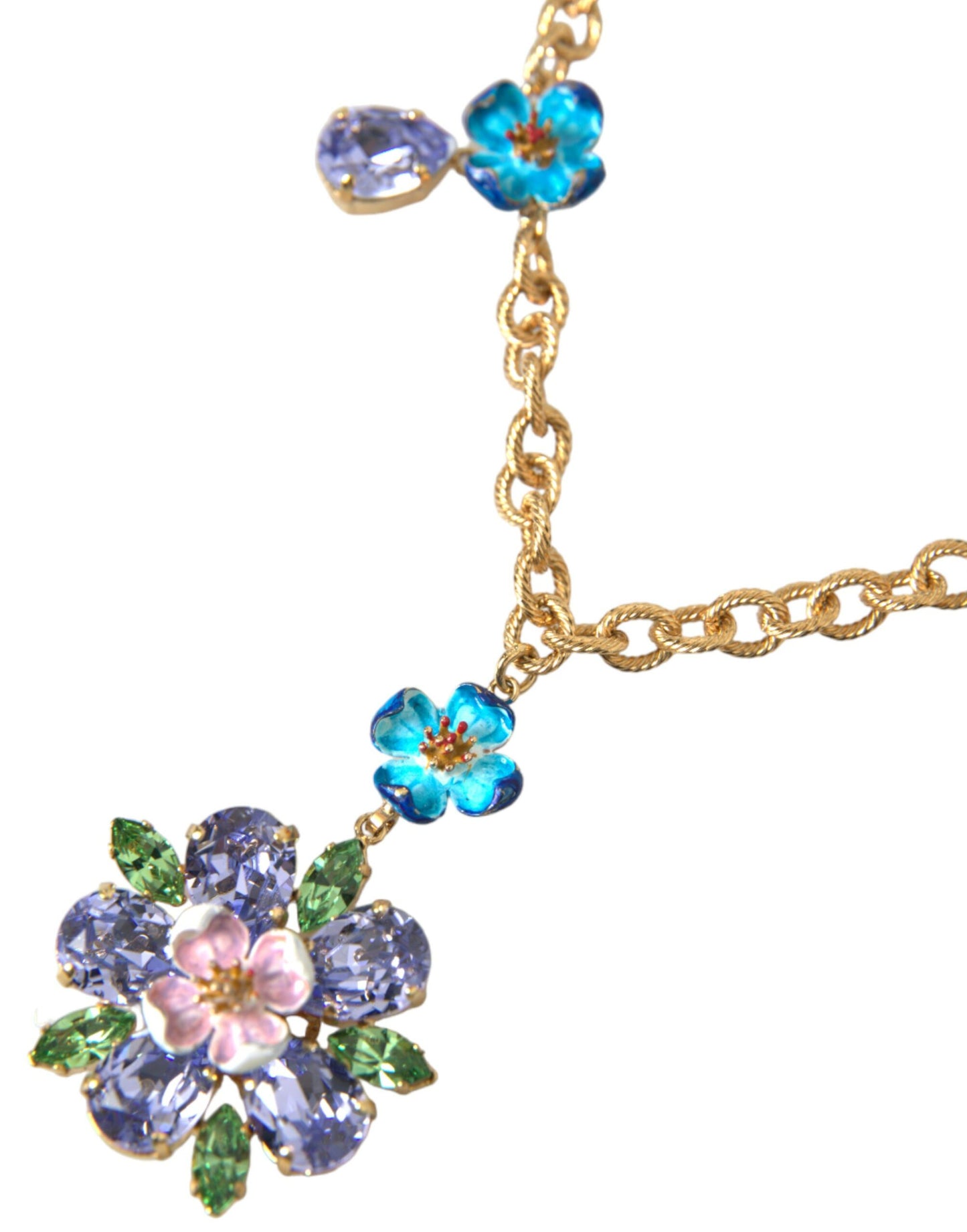 Dolce & Gabbana Gold Brass Chain Crystal Floral Pendant Charm Necklace