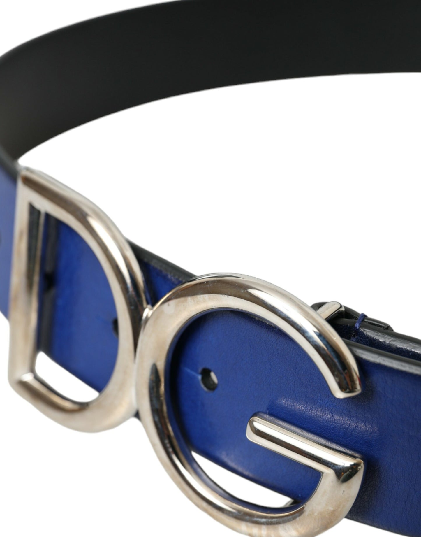 Dolce & Gabbana Blue Leather Silver Metal Logo Buckle Belt Men