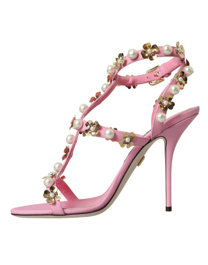 Dolce & Gabbana Pink Leather Embellished Heels Sandals Shoes