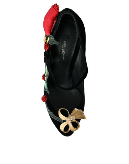 Dolce & Gabbana Black Roses Crystal Brooch Mary Jane Shoes