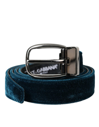 Dolce & Gabbana Blue Velvet Leather Silver Metal Buckle Belt