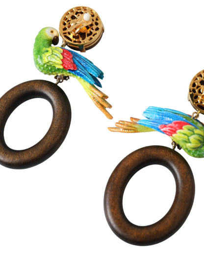 Dolce & Gabbana Multicolor Parrot Wood Brass Crystal Embellished Earrings