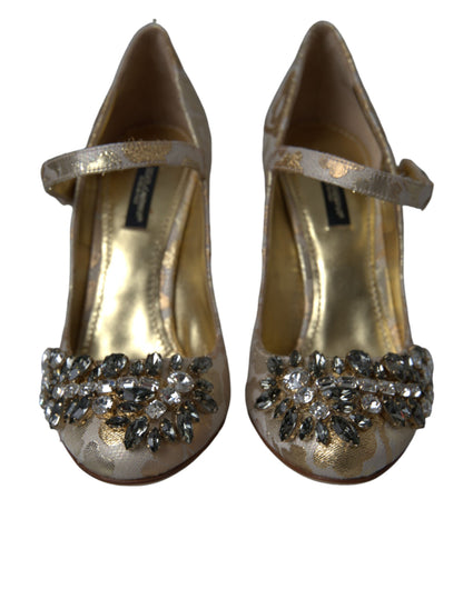 Dolce & Gabbana Gold Jacquard Crystal Mary Janes Pumps Shoes