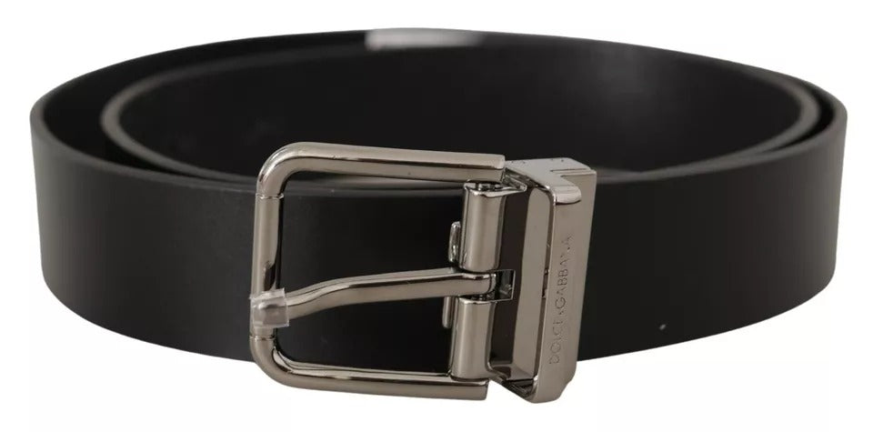 Dolce & Gabbana Black Calf Leather Logo Engraved Metal Buckle Belt