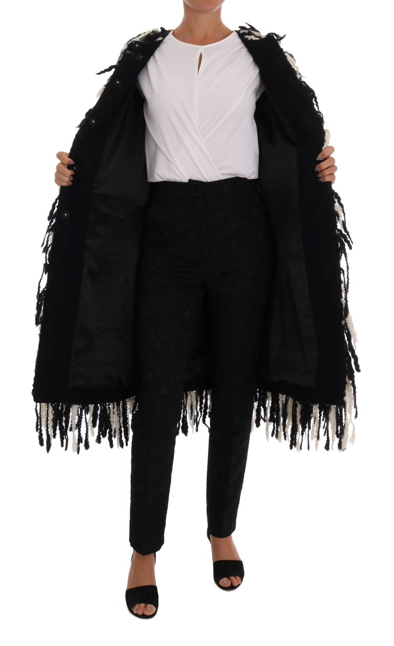 Dolce & Gabbana Black and White Fringed Wool Coat Jacket