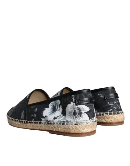 Dolce & Gabbana Black Floral Cotton Leather Espadrilles Shoes