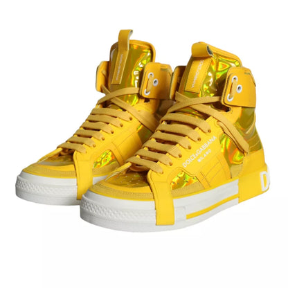 Dolce & Gabbana Yellow White Leather High Top Sneakers Shoes