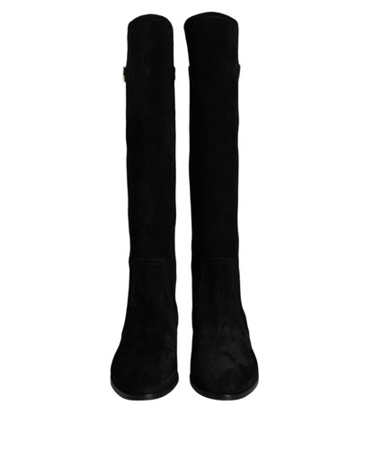 Dolce & Gabbana Black Suede Leather Knee High Boots Shoes