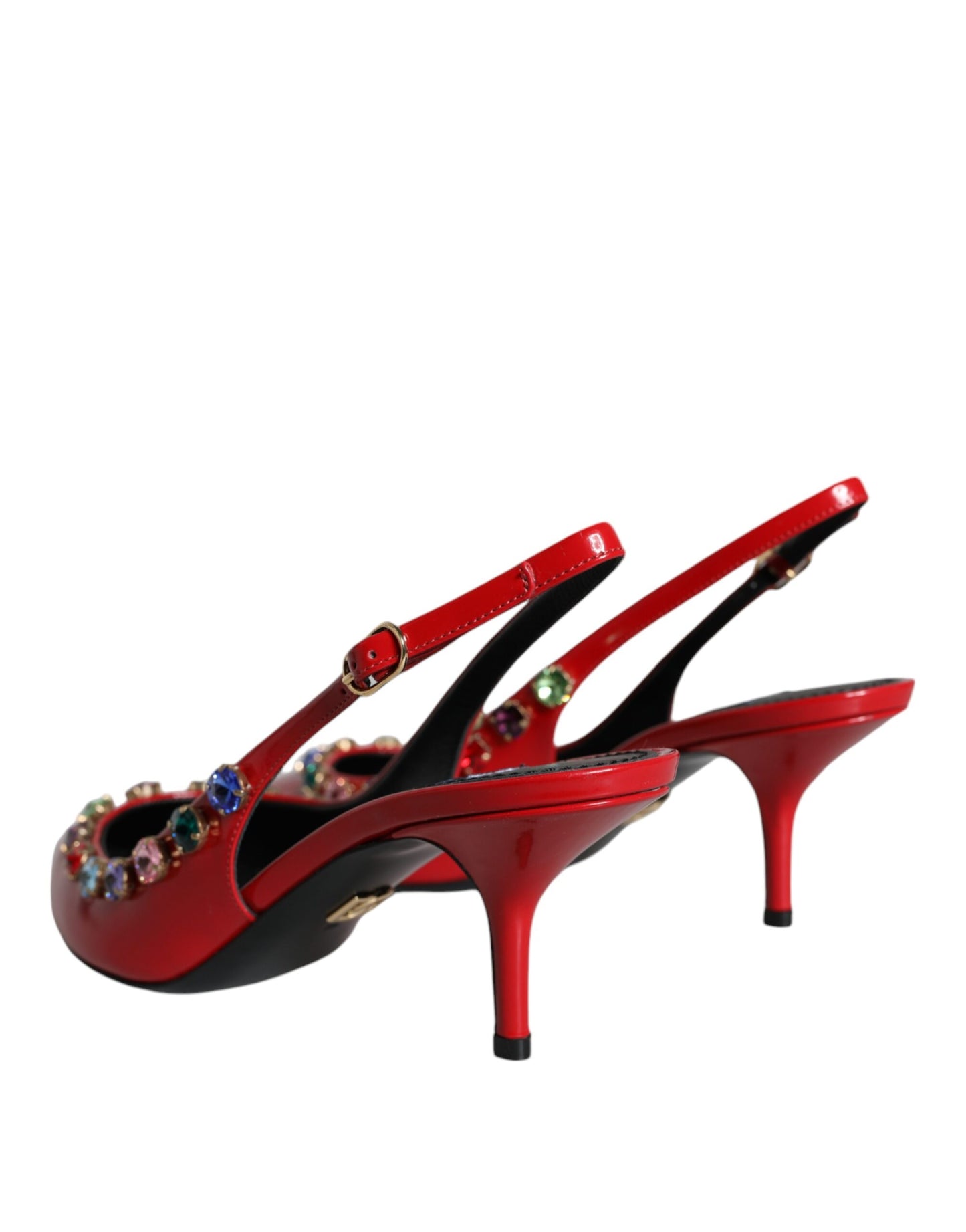 Dolce & Gabbana Red Leather Crystal Heels Slingback Shoes