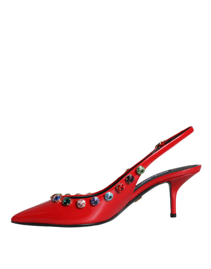 Dolce & Gabbana Red Leather Crystal Heels Slingback Shoes