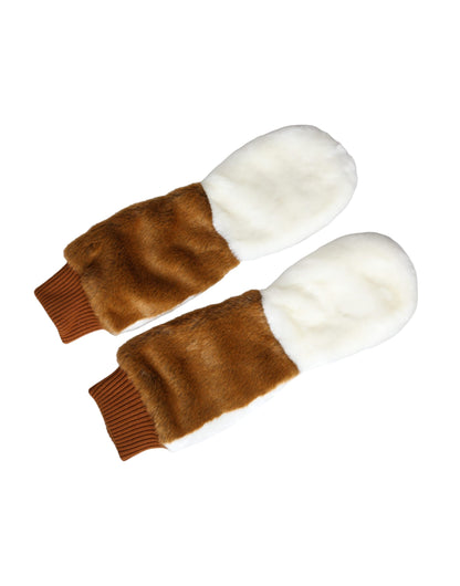 Dolce & Gabbana Brown White Acrylic Knitted Fur Mitten Gloves