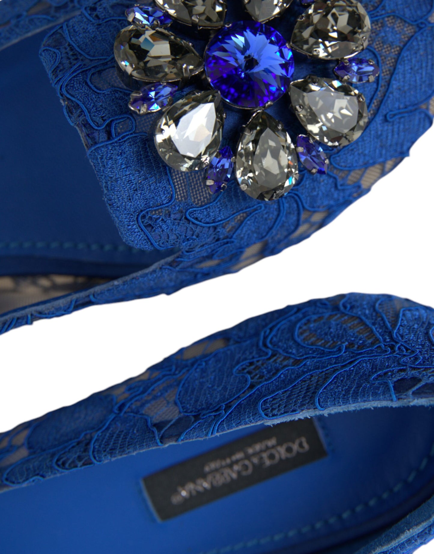 Dolce & Gabbana Blue Lace Crystal Ballet Flats Loafers Shoes