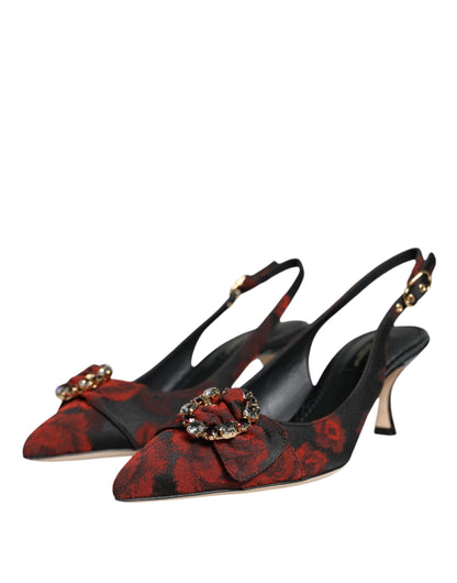 Dolce & Gabbana Black Red Floral Crystal Heel Slingback Shoes