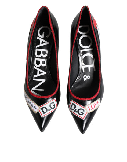 Dolce & Gabbana Black Leather Logo Print Heels Pumps Shoes