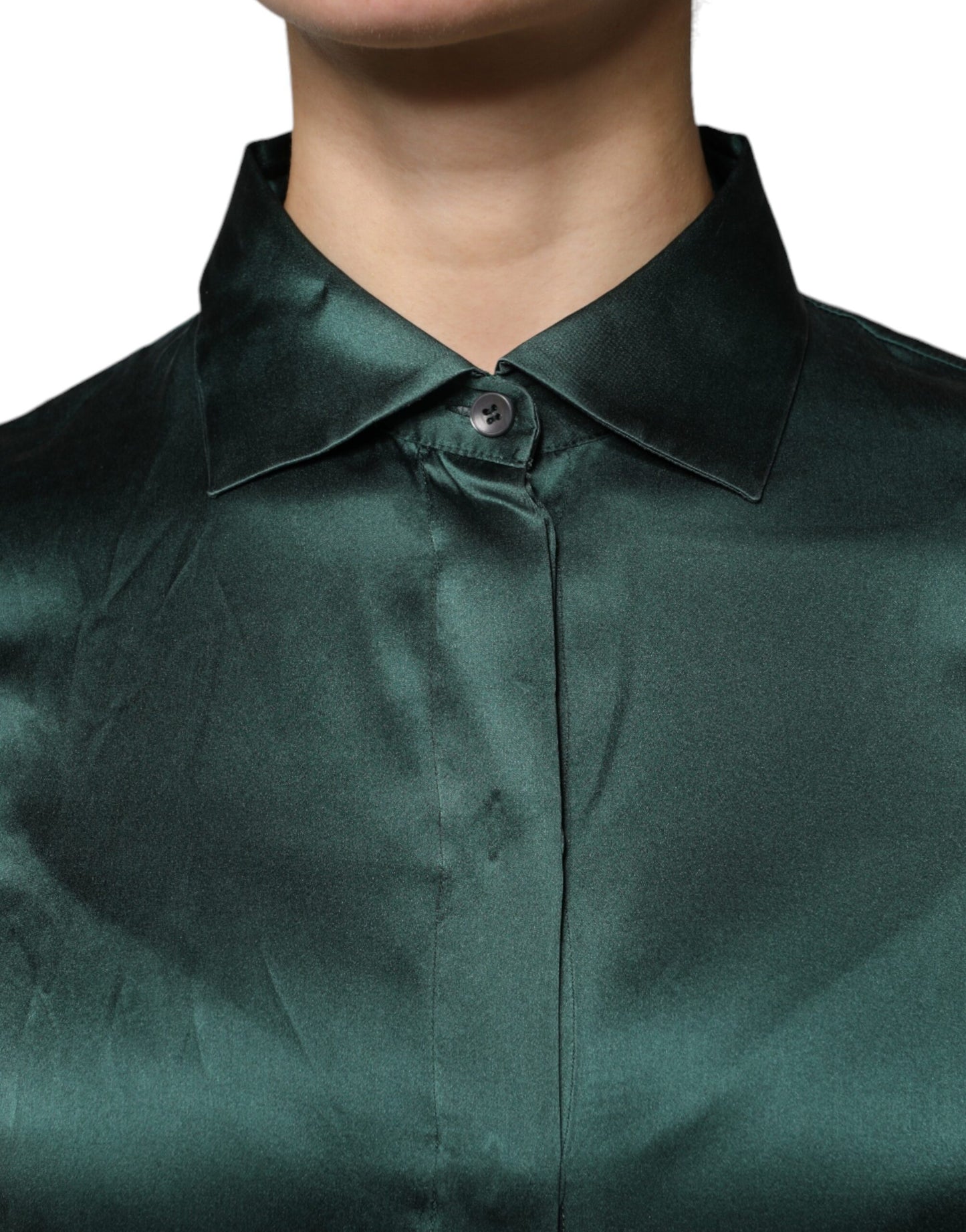 Dolce & Gabbana Dark Green Silk Button Down Long Sleeves Blouse Top